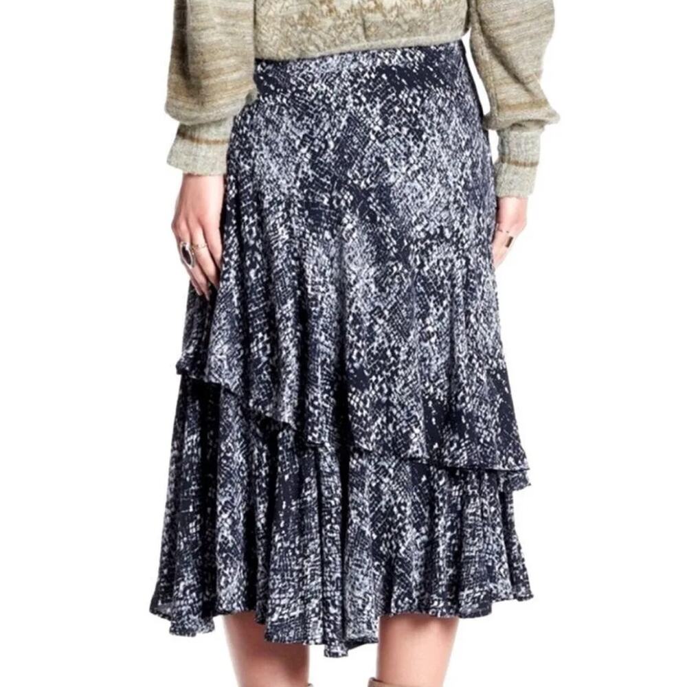 Free People Blue Kiss Me Baby Snake Print Tiered Ruffle Midi Skirt Size Medium